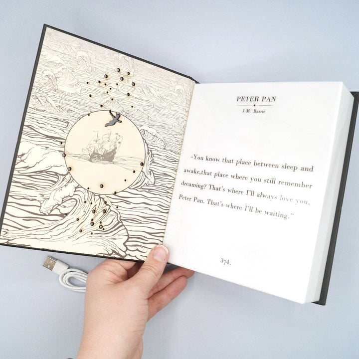 Peter Pan-themed book light featuring a ship illustration and quote, with a USB cable.