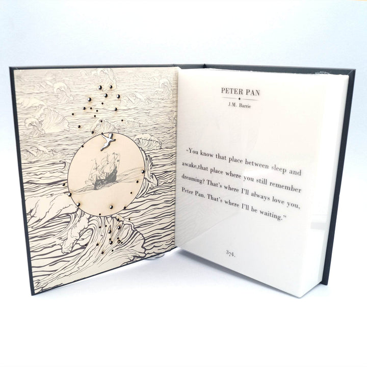 Peter Pan-themed book light with ship artwork, scattered lights, and nostalgic quote from story.