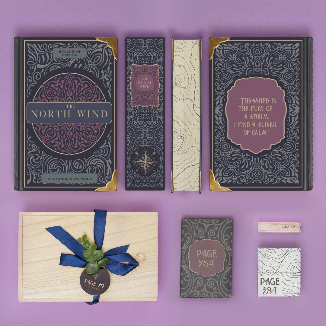 Top of the image shows the front, spine, page edges, and back of a hardcover special edition of The North Wind with metal corners. The book is above a wooden box, black box, white box, and beige box. The boxes are all labeled with page numbers.