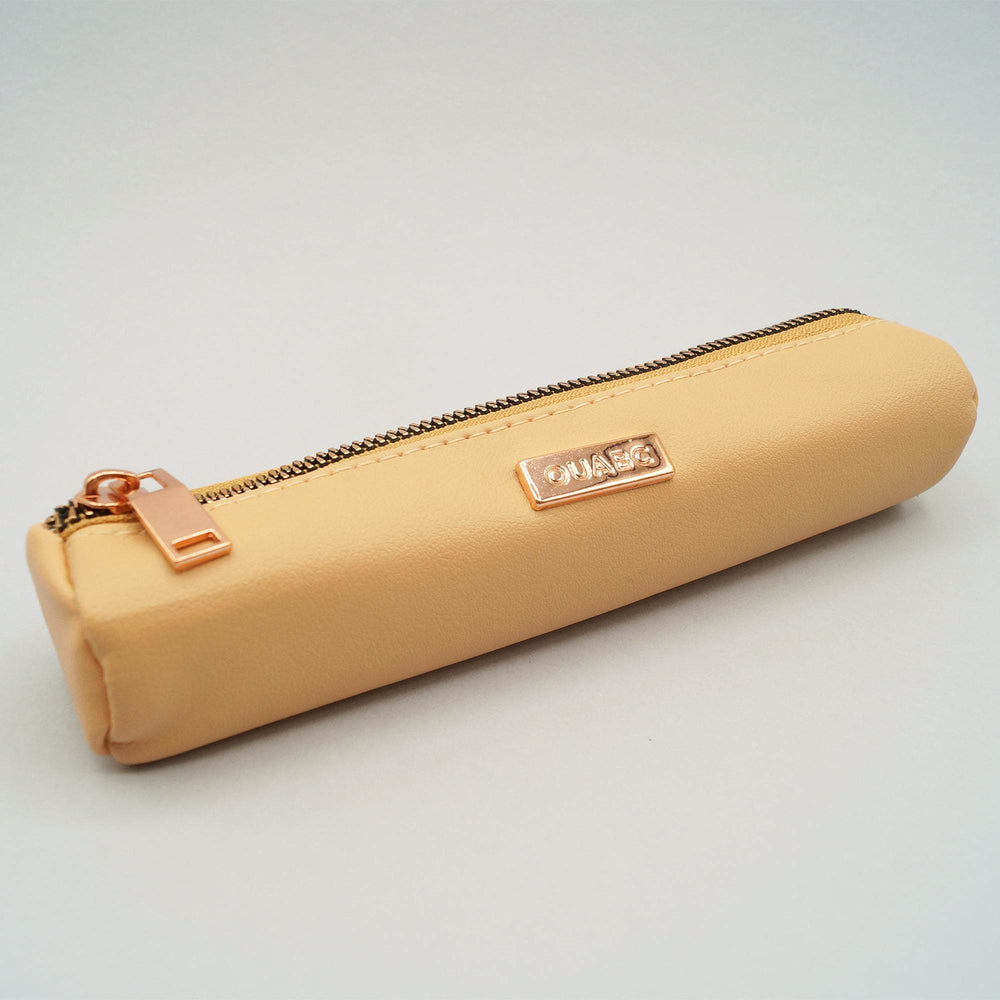 a tan faux leather pencil pouch